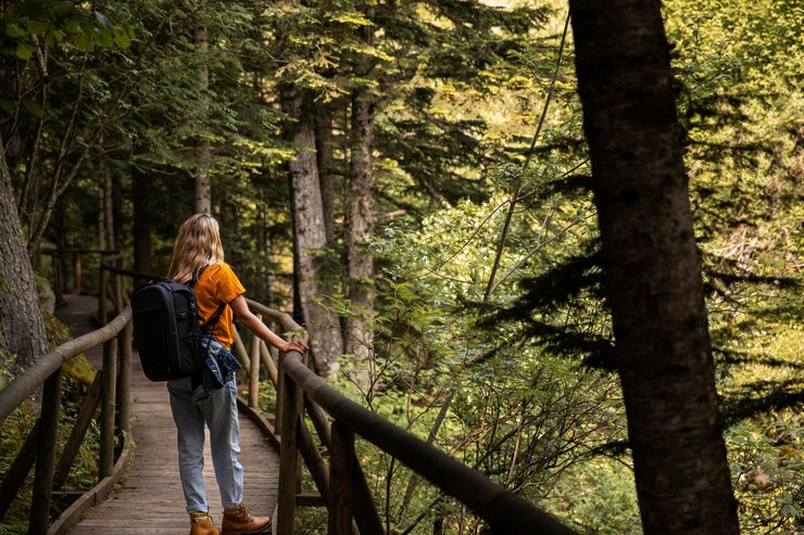 Ragazza ferma su sentiero nel bosco