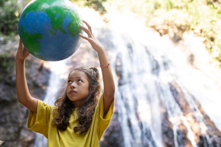 Bambina tenee in mano una sfera che rappresenta il mondo